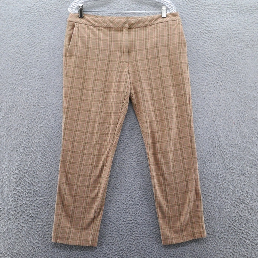 J. Jill Premium Bi-Stretch Plaid Pants Womens 12 Tan Brown Orange Slim Straight